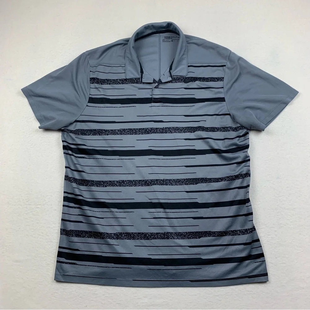 Nike‎ Golf Shirt Mens XL Polo Standard Fit DRI-Fit Gray Black Striped Outdoor
